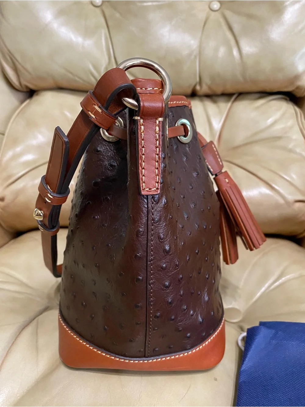 Dooney & Bourke Ostrich Small Drawstring Shoulder Bag Leather Bucket